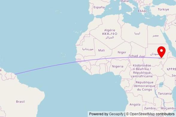 A map showing the great circle route from Cayenne in France to a map pin at مسجد انصار السنة, residential road, Al Managil, Sudan