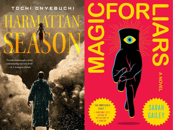 book cover of harmattan season and magic for liars, a floating child hovering in a dust cloud and a hand with crossed fingers and an eye coming out of the wrist