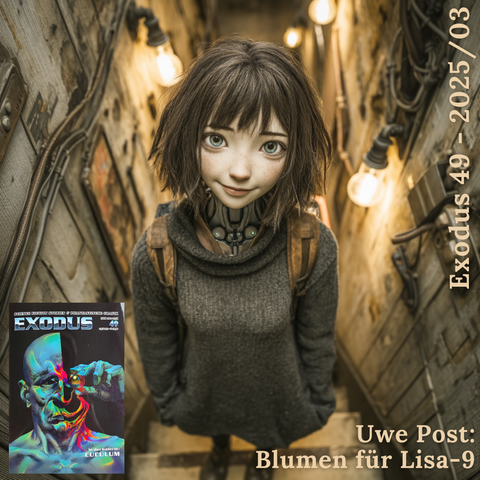 Bild im Hintergrund:
Midjourney Prompt: A highly human-like humanoid robot in the form of a friendly 14-year-old girl, standing at the top of a basement staircase, soft smile, expressive eyes, lifelike synthetic skin with subtle hints of advanced robotics, casual modern clothes, gentle posture, warm ambient lighting from above, inviting atmosphere, cinematic focus, photorealistic, ultra detailed, 8k --p o89hupk --s 750 --v 7.0

Text rechts oben: Exodus 49 - 2025/03 

Text rechts unten: Uwe Post. Blumen für Lisa-9

Bild links unten: Das Cover Ausgabe 49 des Exodus-Magazins. Das Coverbild "Spektrallinien" wurde von Cuculum entworfen.