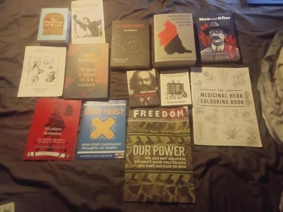 the books & pamphlets i bought at the radical bookfair:
freedom press paper, the medicinal herb colouring book, now and after-the abc of communist anarchism by alexander berkman, anarchism in north east england 1882-1992 by tyneside anarchists archive, god and the state by mikhail bakunin, radical companionship: rejecting pethood and embracing our multi-species world by aiyana good goodfellow, the conquest of bread part 1 by peter kropotkin, to rob a bank is an honour by lucia urtubia, anarchy works - examples of anarchist ideas in practice by peter gelderloos, nicotiana brittanica - the cotswolds' illicit tobacco cultivation in the 17th century by will simpson & jim mcneil, breaking the mantacles - an anti-patriarchy reader by andrew from bellingham WA, our nhs? - anarchist communist thoughts on health by the anarchist communist group.