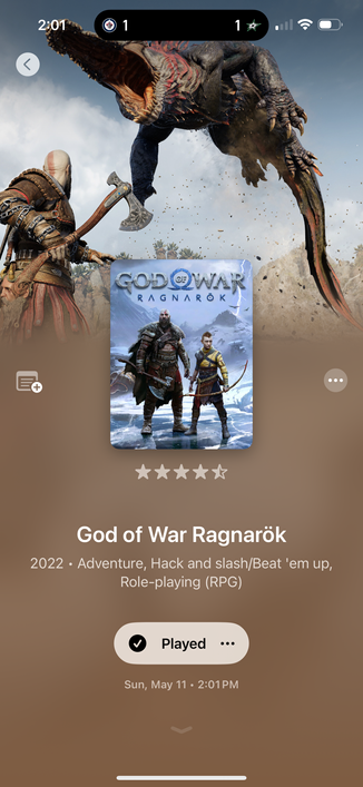 Screenshot of the “God of War Ragnarök” entry in the Sequel iOS app, showing its status as “Played” with a rating of 4.5 stars out of 5 and a completion date of Sun, May 11 at 2:01pm.