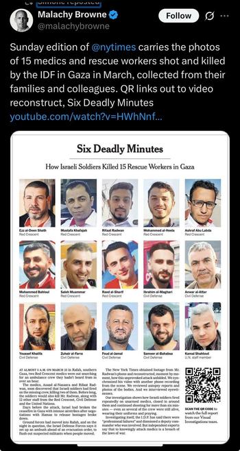 An image featuring a grid of headshots of 15 medics and rescue workers who were killed by the IDF in Gaza. The text includes a title, "Six Deadly Minutes," and a brief description of the circumstances surrounding their deaths
