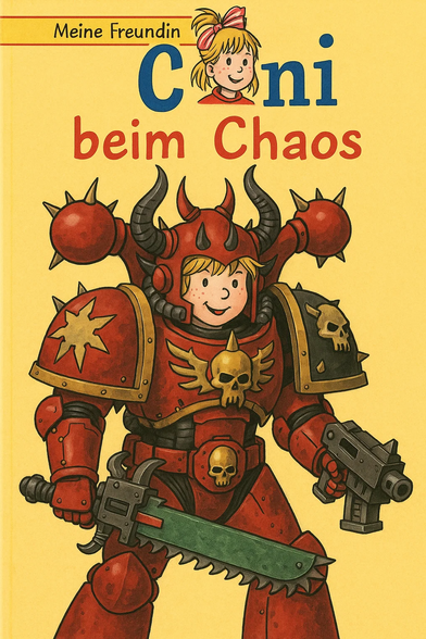 **TL;DR:** Parody book cover showing children's character Conni dressed as a Warhammer 40k Chaos Space Marine, titled "Meine Freundin Conni beim Chaos".

**Extracted Text:**
"Meine Freundin
Conni
beim Chaos"

**Description:**
A parody illustration mimicking the style of a German children's book from the "Meine Freundin Conni" (My Friend Conni) series. Conni, usually a sweet young girl, is depicted in bright red Chaos Space Marine armor from Warhammer 40,000. The armor features spikes, skulls, horns, and the eight-pointed Chaos star. She's holding a chainsword and a futuristic gun, smiling cheerfully despite the menacing outfit. The title "Conni beim Chaos" translates to "Conni with Chaos", humorously mixing innocence with the grimdark Warhammer universe.
