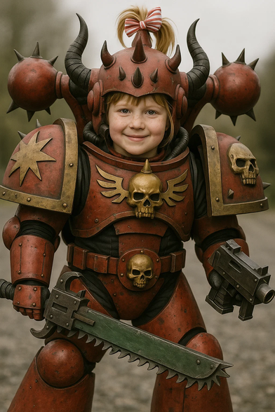 **TL;DR:** A real-life cosplay of Conni from the parody "Conni beim Chaos", dressed as a Warhammer 40k Chaos Space Marine.

**Description:**
A young girl smiles confidently while dressed in an impressively detailed Chaos Space Marine costume inspired by Warhammer 40,000. She wears bulky red armor adorned with spikes, horns, skulls, and Chaos symbols. Her blond hair is tied in a ponytail with a red-and-white striped bow, matching the parody character "Conni beim Chaos". The girl holds a toy chainsword and a black futuristic gun, recreating the humorous fusion of childhood innocence with the dark Warhammer universe. The setting appears to be outdoors on a cloudy day.
