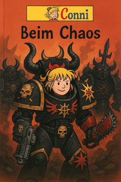 **TL;DR:** Another parody book cover titled "Conni beim Chaos" featuring Conni in black Chaos Space Marine armor from Warhammer 40k, leading a squad in a fiery battlefield.

**Extracted Text:**
"Conni
Beim Chaos"

**Description:**
A satirical illustration styled like a children’s book cover from the "Conni" series, showing Conni in full black Chaos Space Marine armor, adorned with golden trim, skulls, and Chaos symbols. She wears a red bow and smiles confidently while wielding a red chainsword and a large futuristic gun. Behind her are three other Chaos Marines with glowing red eyes, standing in a smoky, fiery background. This darkly humorous image blends the innocent children's character Conni with the grim aesthetic of Warhammer 40,000.

