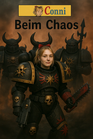 **TL;DR:** Realistic cosplay of Conni from "Conni beim Chaos", fully armored as a Chaos Space Marine with a serious expression in a dark, war-torn setting.

**Extracted Text:**
"Conni
Beim Chaos"

**Description:**
A highly detailed and realistic cosplay image depicting Conni from the parody "Conni beim Chaos". The girl wears black Chaos Space Marine armor with gold skulls, red accents, and Chaos star symbols, mirroring the Warhammer 40,000 aesthetic. Her blond hair is tied back with a red bow, maintaining Conni's trademark look. She holds a chainsword and a bolter, standing confidently before a smoky battlefield backdrop. Two menacing Chaos Marines with glowing red eyes and horned helmets loom behind her, enhancing the dramatic tone. The scene mimics a live-action take on the earlier illustrated parody covers.

