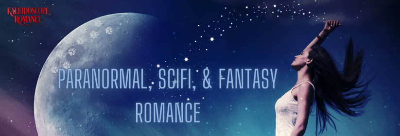 A graphic with a full moon that has pawprints on it and a woman throwing sparkles in the air. Text reads: Paranormal, SciFi, & Fantasy Romance