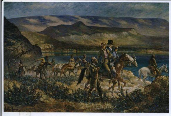 Horses and men ride past a large lake or body of water on their way out to Fort Vancouver.