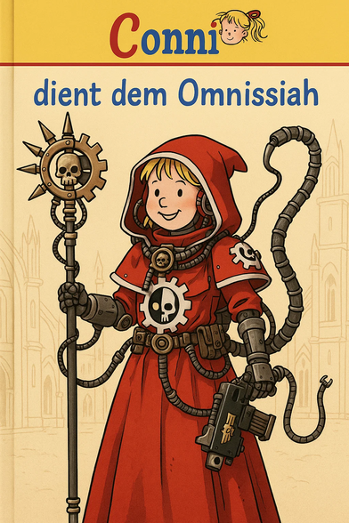 **TL;DR:** A parody book cover shows children's character Conni dressed as a tech-priest from Warhammer 40k, serving the Omnissiah.

**Text in Image:**
*Conni dient dem Omnissiah*

**Description:**
The image is a parody book cover styled like a children's storybook from the German "Conni" series. The title reads "Conni dient dem Omnissiah" ("Conni serves the Omnissiah"), referencing the Warhammer 40k universe. Conni is depicted in a red hooded robe with mechanical augmentations and tech-priest gear, including a staff with a skull inside a cog and a futuristic gun. She has tubes, cables, and a cogwheel emblem with a skull, all signature traits of the Adeptus Mechanicus faction. The background shows faint cathedral-like structures, enhancing the gothic sci-fi aesthetic.
