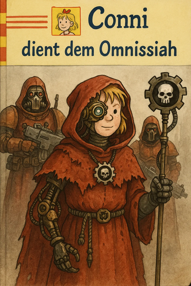 **TL;DR:** A parody book cover shows Conni as a cyborg priest of Warhammer 40K's Adeptus Mechanicus, titled "Conni dient dem Omnissiah" (Conni serves the Omnissiah).

**Extracted Text:**
*Conni dient dem Omnissiah*

**Image Description:**
A mock book cover styled after the German children’s book series *Conni*, featuring the character Conni dressed in a red Adeptus Mechanicus robe from the Warhammer 40,000 universe. She has a mechanical arm and an ocular implant, and holds a staff topped with a cog and skull symbol. Behind her are three armored figures also in red robes, resembling Tech-Priests or Skitarii soldiers. The title "Conni dient dem Omnissiah" translates to "Conni serves the Omnissiah," blending children's literature with grimdark sci-fi satire.
