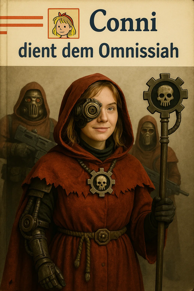 **TL;DR:** A realistic cosplay-style parody of "Conni dient dem Omnissiah," merging the German children's character Conni with Warhammer 40K’s Adeptus Mechanicus.

**Extracted Text:**
*Conni dient dem Omnissiah*

**Image Description:**
This image mimics a book cover from the *Conni* children's book series, styled with the same title font and illustration of Conni at the top. Below, a realistic version of Conni is portrayed as a member of the Adeptus Mechanicus from Warhammer 40K. She wears a red hooded robe, has a mechanical arm and a cybernetic eye implant. She holds a staff topped with a cog and skull emblem, symbolizing the Machine God. Behind her, two armored figures in similar red robes and masks carry futuristic weapons. The tone blends innocent childhood imagery with dark sci-fi satire.
