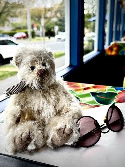 An old raggedy teddy bear wearing a black and white checked bow sits on a colourful tablecloth next to a pair of round sunglasses. The scene is inside a building with deep blue walls with windows running the length of the room. Outside is a grey sidewalk and green grass boulevard. A white vehicle is parallel parked next to the building. Another vehicle with its headlights on is approaching from the opposite direction of the parked vehicle. Other vehicles, including a red one, are also in view. The background appears in blur but there appears to be a two story building and a cross street nearby.