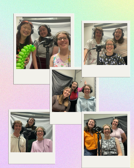 Five Polaroids scattered on a pastel background, each image features two podcast hosts and a different guest smiling :)
