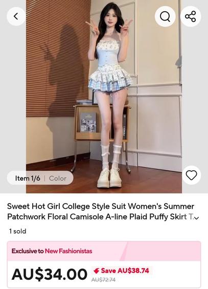 An AliExpress store page for a cute blue and white dress 