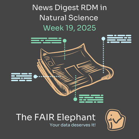 Digital graphic design of a news digest cover for 'RDM in Natural Science' for Week 18, 2025. The image features a hand-drawn illustration of a newspaper with various data points connected by dashed lines to small text boxes in blue and green. The background is dark gray, and the title text is in white and green. At the bottom, 'The FAIR Elephant' is written in white, followed by the tagline 'Your data deserves it!' in blue. A stylized elephant logo is positioned in the bottom right corner.