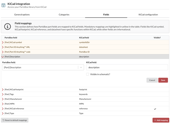 Screenshot of the PartsBox screen for configuring KiCad field mappings.