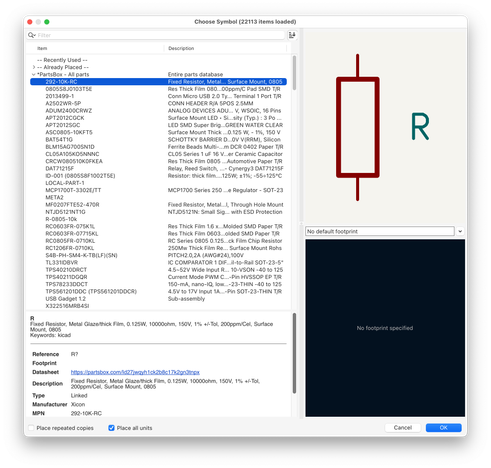Screenshot of the KiCad symbol chooser showing the PartsBox part library.