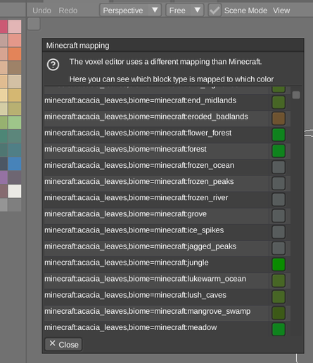 A new dialog to show the #minecraft block id to color mapping
