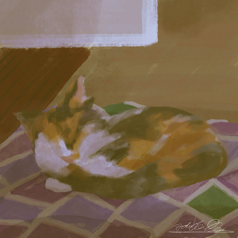 procreate painting of a cat curled up sleeping