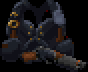 A sprite of Kyle Katarn's gear from Dark Forces level 10, "Jabba's Ship". The sprite shows an armor vest with some storage pouches, as well as Kyle's Bryar pistol. A radio with antenna is on the left shoulder of the armor vest. The right shoulder has a strange golden object that looks like a French Ô (that is, an O with a circumflex above it).