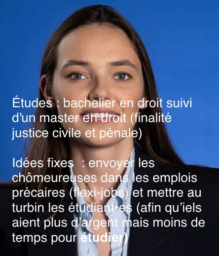 Études : bachelier en droit suivi d'un master en droit (finalité justice civile et pénale) Idées fixes : envoyer les chômeureuses dans les emplois précaires (flexi-jobs) et mettre au turbin les étudiant•es (afin qu’iels aient plus d’argent mais moins de temps pour étudier) 🔻