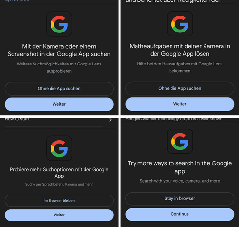 Screenshots mit Beispielen von Googles Popup, das Werbung für die Google-App macht.
