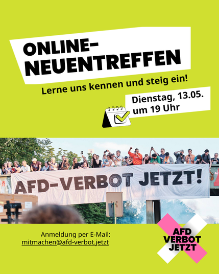 Das SharePic zeigt die Eckdaten des Neuentreffs aus dem Post zusammen mit dem Aufruf "Lerne uns kennen und steig ein". Darunter ist ein Foto von einer Brücke abgebildet von der ein landes Banner hängt. Auf dem steht "AFD-VERBOT JETZT!". Auf der Brücke stehen viele Meschen und machen Fotos von einem Demozug der unter ihnen durch läuft.