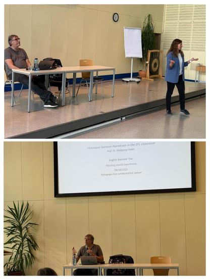 Collage zwei Präsentationssituationen auf Bühne mit dem Dozenten und der Moderatorin 