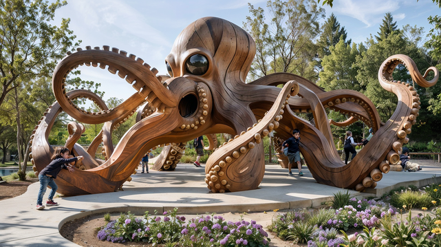 Playful architecture: a monumental wooden octopus
A play structure that strengthens a transversal relationship with the urban space through imagination.
