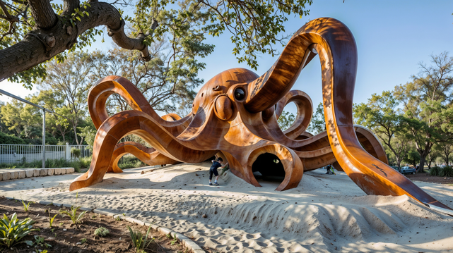 Playful architecture: a monumental wooden octopus
A play structure that strengthens a transversal relationship with the urban space through imagination.