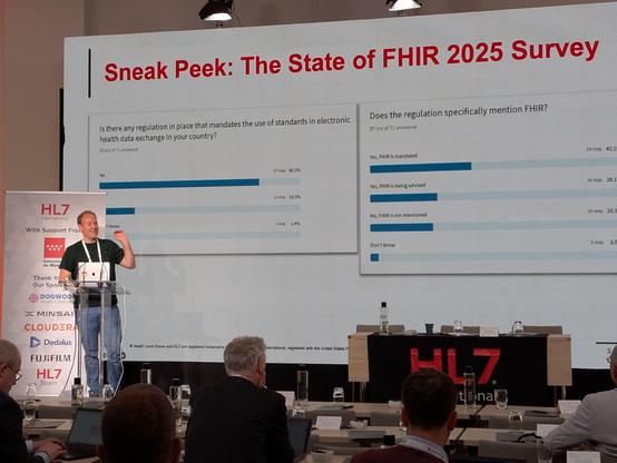 Alexander presents a sneak peek of the State of FHIR Survey on data exchange regulation 