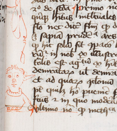 Page of a 15th-century manuscript which contains a drawing of an elf, done with red ink. In the rest of the page there is the text belonging to a commentary on Aristotle's Metaphysics.