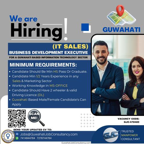🚀 Grow Your Sales Career in Guwahati's IT Sector! 🚀

We're hiring a Business Development Executive (IT Sales)! Join a dynamic IT company right here in Guwahati through Guwahati Job Consultancy (GJC).

What you need:
✅ Min HS/Graduate qualification
✅ 6+ months Sales/Marketing background
✅ MS Office skills
✅ Your own 2-wheeler & valid DL
✅ Be a Guwahati local!

Don't miss this chance! Apply today:
✉️ Jobs@GuwahatiJobConsultancy.com
📱 7414944764 | 7276744764 (Call/WhatsApp)
🔍 Scan the QR code!
Vacancy Code: GJC-478480

#JobSearch #GuwahatiCareers #ITJobs #SalesExecutive #BusinessDevelopmentExecutive #GuwahatiJobConsultancy #WeAreHiring #JobOpening #Marketing #GuwahatiCity #TrustedManpower