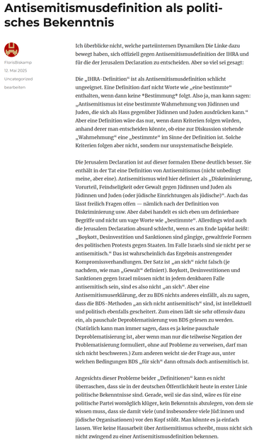 Screenshot von diesem Blogbeitrag
https://florisbiskamp.com/2025/05/12/antisemitismusdefinition-als-politisches-bekenntnis/