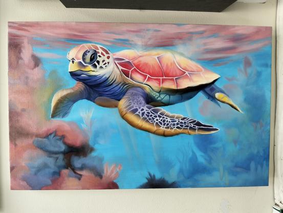 a painting  of a sea turtle, floating through the water, cool blue and light tan and pink tones around him, he is seen from the front in a 3 quarter view 