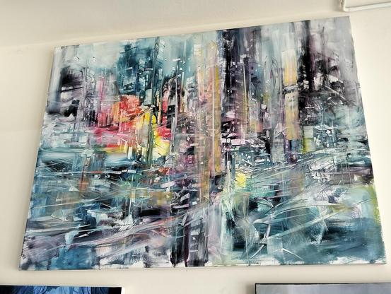 a   painting  of a city  scape,  crowded  buildings and energy rushing  through it, it is mostly tinted blue with some red and gold and purple and black and white 