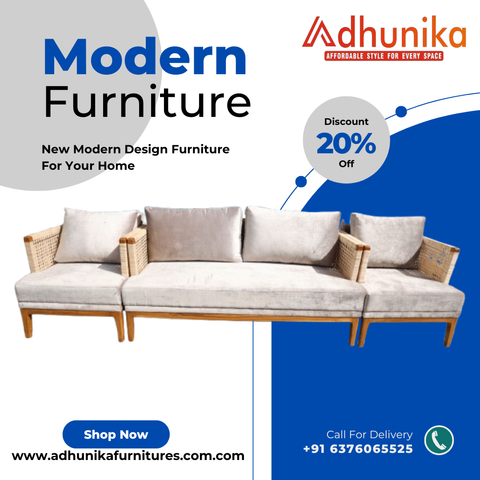Modern three-seater sofa with natural wood frame, handwoven cane armrests, and soft grey cushions, displayed with a 20% discount offer from Adhunika Furnitures. Ideal for stylish home interiors and living room upgrades.