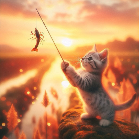 夕暮れの小川でザリガニ釣りに挑戦する子猫。