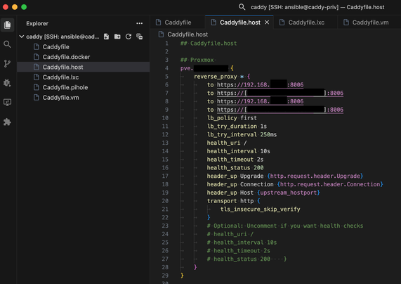 My caddyfile for my Proxmox  cluster

## Proxmox 
pve.xx.xx {
	reverse_proxy * {
		to https://x.x.x.x:8006
		to https://[x:x:x:x::x]:8006
		to https://x.x.x.x:8006
		to https://[x:x:x:x::x]:8006
		lb_policy first
		lb_try_duration 1s
		lb_try_interval 250ms
		health_uri /
		health_interval 10s
		health_timeout 2s
		health_status 200
		header_up Upgrade {http.request.header.Upgrade}
		header_up Connection {http.request.header.Connection}
		header_up Host {upstream_hostport}
		transport http {
			tls_insecure_skip_verify
		}
		# Optional: Uncomment if you want health checks
		# health_uri /
		# health_interval 10s
		# health_timeout 2s
		# health_status 200    }
	}
}