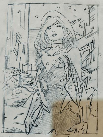 a pencil  drawing of spider-gwen, standing in a city, some rubble and smoke behind her, she is in a contrapposto stance,   seen from  mid-thigh up, her hood up, looking at the viewer 