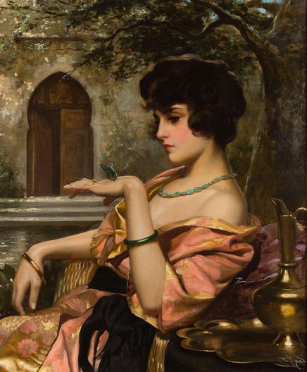 a  painting of a pretty woman with short dark brown hair, sitting in a courtyard, an old building behind her , a tree too, she is looking at the back of her hand, a butterfly sitting there 