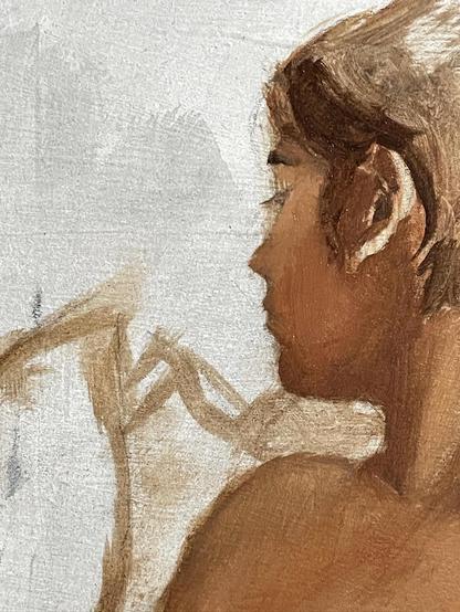 Beginning stage of painting of a woman looking away, surrounded by unfinished flowers 