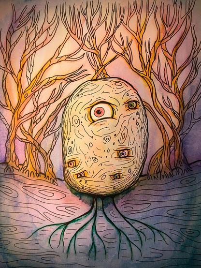Illustration. Light watercolor trees are in the background, and a many-eyed potato is in the foreground, with roots emerging into the ground under it. Black pen lines create details over the watercolors.