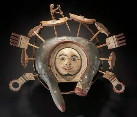 An old Yup'ik spirit mask which now lives in a museum instead of a Yup'ik village where it would be used to encourage a successful hunt for game.