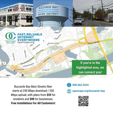 Buzzards Bay Main Streets fiber starts at 250 Mbps download / 250 Mbps upload, with plans from $55 for residents and $80 for businesses.  Free Installations For All Customers!