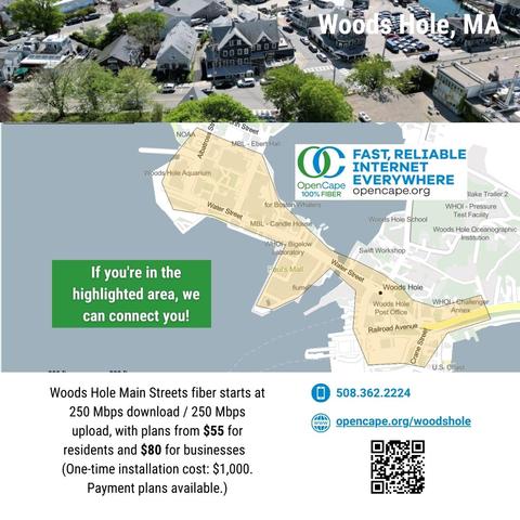 Woods Hole Main Streets fiber starts at 250 Mbps download / 250 Mbps upload, with plans from $55 for residents and $80 for businesses  
(One-time installation cost: $1,000. Payment plans available.)