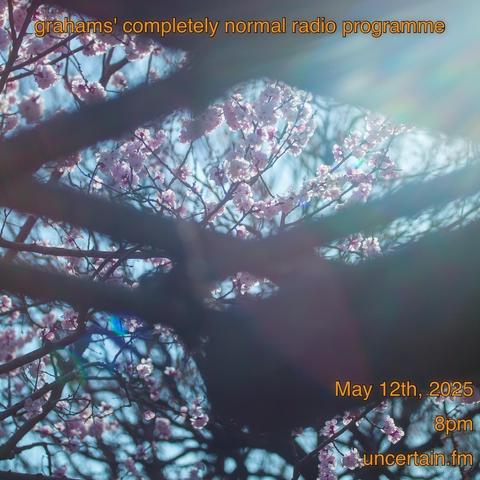 Low angle photography of cherry blossoms.

Orange text overlaid promoting a radio show, details in the main post.
