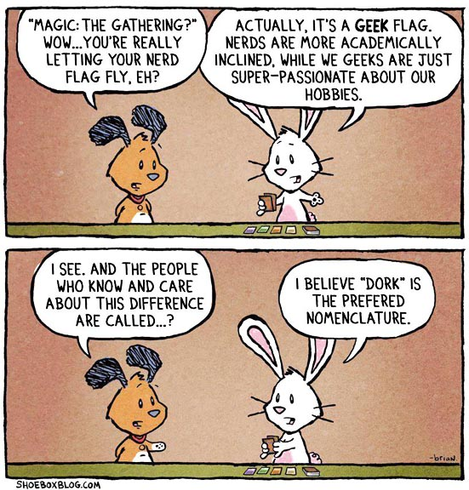 The comic shows a two-part comic with a dog and a rabbit. There are cards on the table in front of the rabbit. In the first picture, the dog asks "'Magic: The Gathering?' Wow... you're really letting your nerd flag fly, eh?". The rabbit replies: "Actually, it's a geek flag. Nerds are more academically inclined, while we geeks are just super-passionate about our hobbies."
In the second picture of the comic, the dog asks: "I see. And the people who know and care about this difference are called...?". The rabbit replies: “I believe ‘dork’ is the preferred nomenclature.”.

Source is shoeboxblog.com