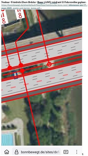 Der Screentshot aus bonnbewegt.de ziegt die Planung der neuen Nordbrücke = Friedrich-Ebert-Brücke über den Rhein nördlich Bonn mit 11 Streifen: 9 Fahstreifen und 2 Standstreifen. Links unten ist das 50 m-Becken des Römerbades zu sehen, dessen Grundstück wohl verkleinert werden soll. Schwimmen in gesunder Umgebung ist den Planer*innen wohl nicht so wichtig.