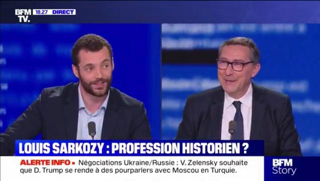 Capture écran BFM avec Louis Sarkozy en plateau, décrit comme "historien" 
